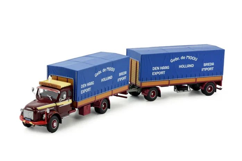 Tekno Schaalmodel vrachtwagen van Gebroeders de Mooij schaal 1:50 in originele verpakking Volvo N88 met aanhangwagen uit de jaren 60