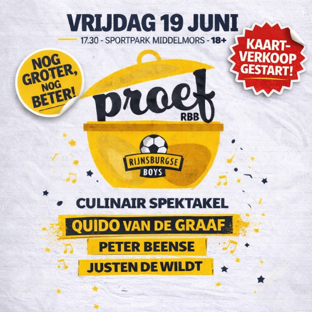 4 Kaarten voor "RBB proeft" op vrijdag 19 juni 2026; een avondvullend programma, drankje, hapje en optreden van o.a. Justin de Wildt, Peter Beense & Quido van der Graaf