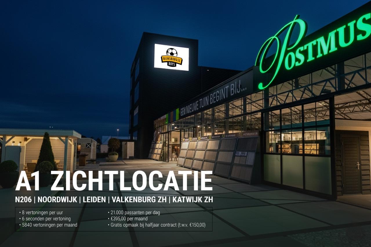 Half jaar reclame maken op grote hoogte direct langs de N206 Leiden-Katwijk t.w.v. € 2.500,00;   8 x per uur zichtbaar, 22.000 passanten per dag.  Ideale zichtlocatie om uw product of dienst in de regio onder de aandacht te brengen